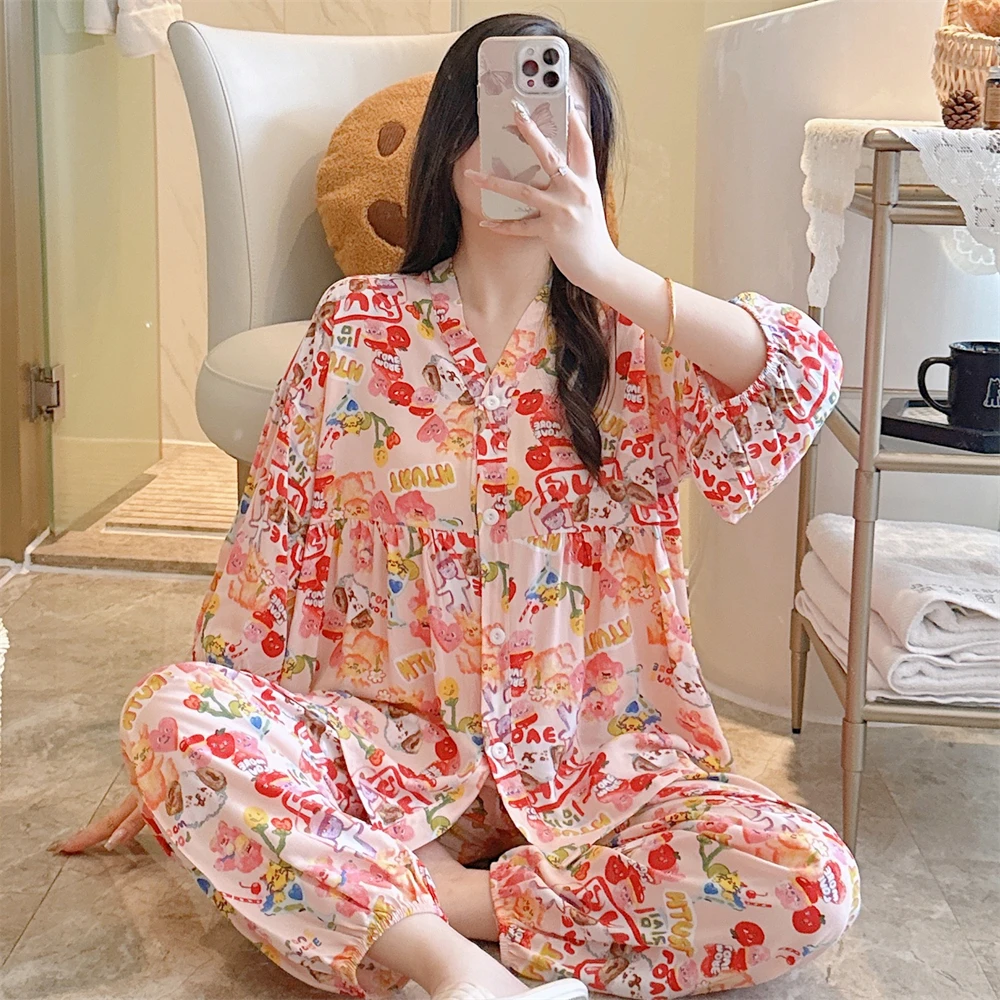 高级感棉绸睡衣女春秋夏季薄款长袖长裤空调服可爱卡通家居服套装