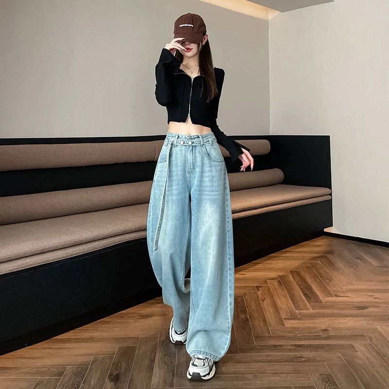 亦声美式阔腿牛仔裤女早春新款显瘦高腰纽扣腰带设计感直筒DH