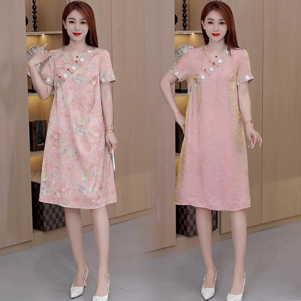 2025夏季新款宽松新中式盘扣V领短袖连衣裙女中长国风改良旗袍裙