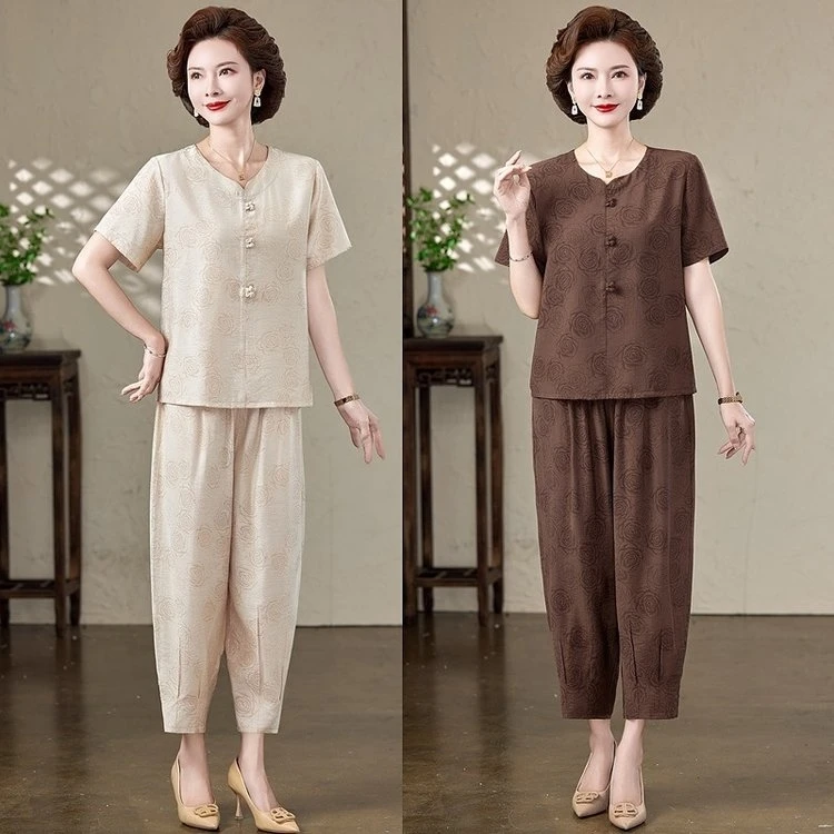 春装爆款夏装中老年妈妈装夏季直筒舒适套装显瘦减龄气质