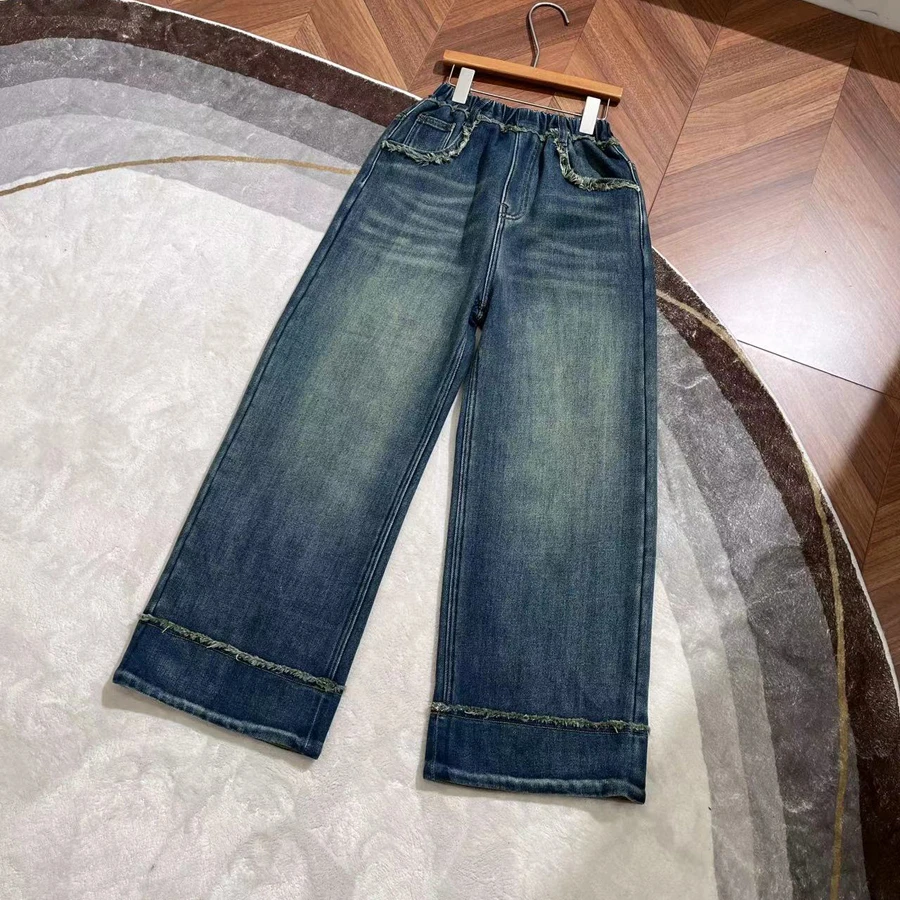 春秋季高品质女大童加绒牛仔直筒裤宽松百搭休闲长裤-YHW113