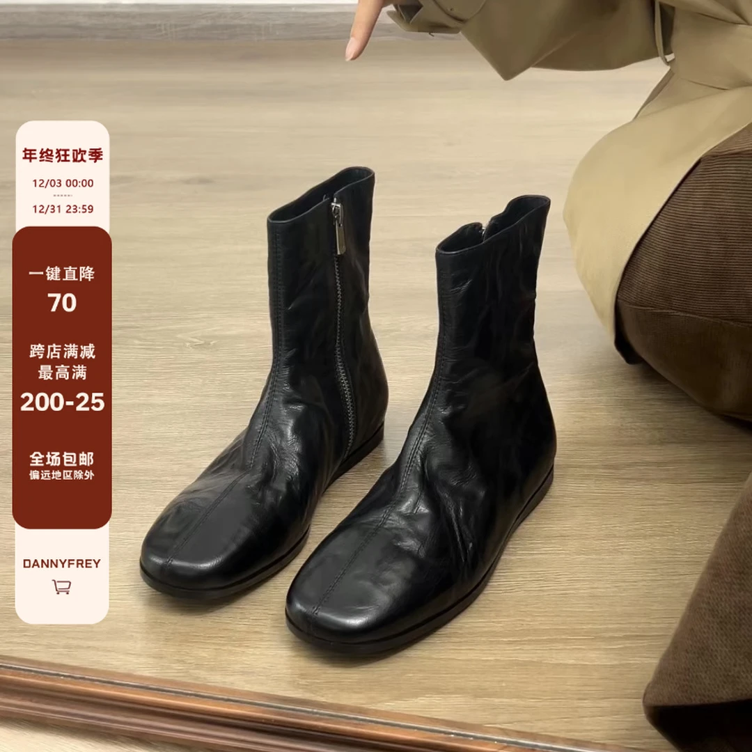 Dannyfrey复古英伦风头层羊皮女休闲侧拉链气质显瘦切尔西靴2CM