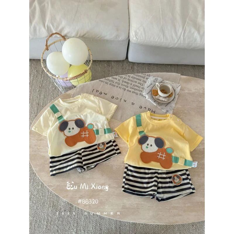 卡通背带狗条纹裤套装夏季韩版婴儿8320