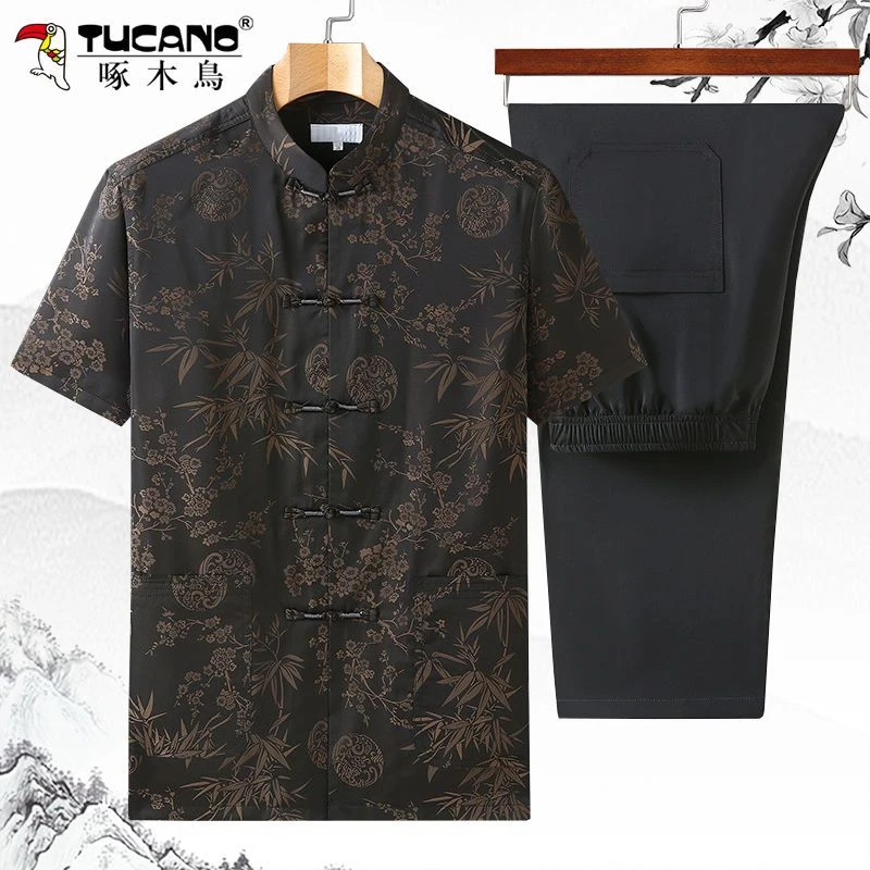 啄木鸟高档唐装男短袖中国风套装50到60岁宽松中老年人复古爸爸装