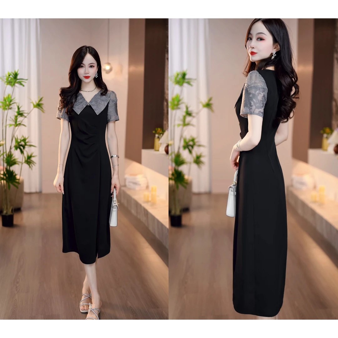 2025夏季新款灰色尖领端庄典雅设计中长款修身连衣裙M-4XL