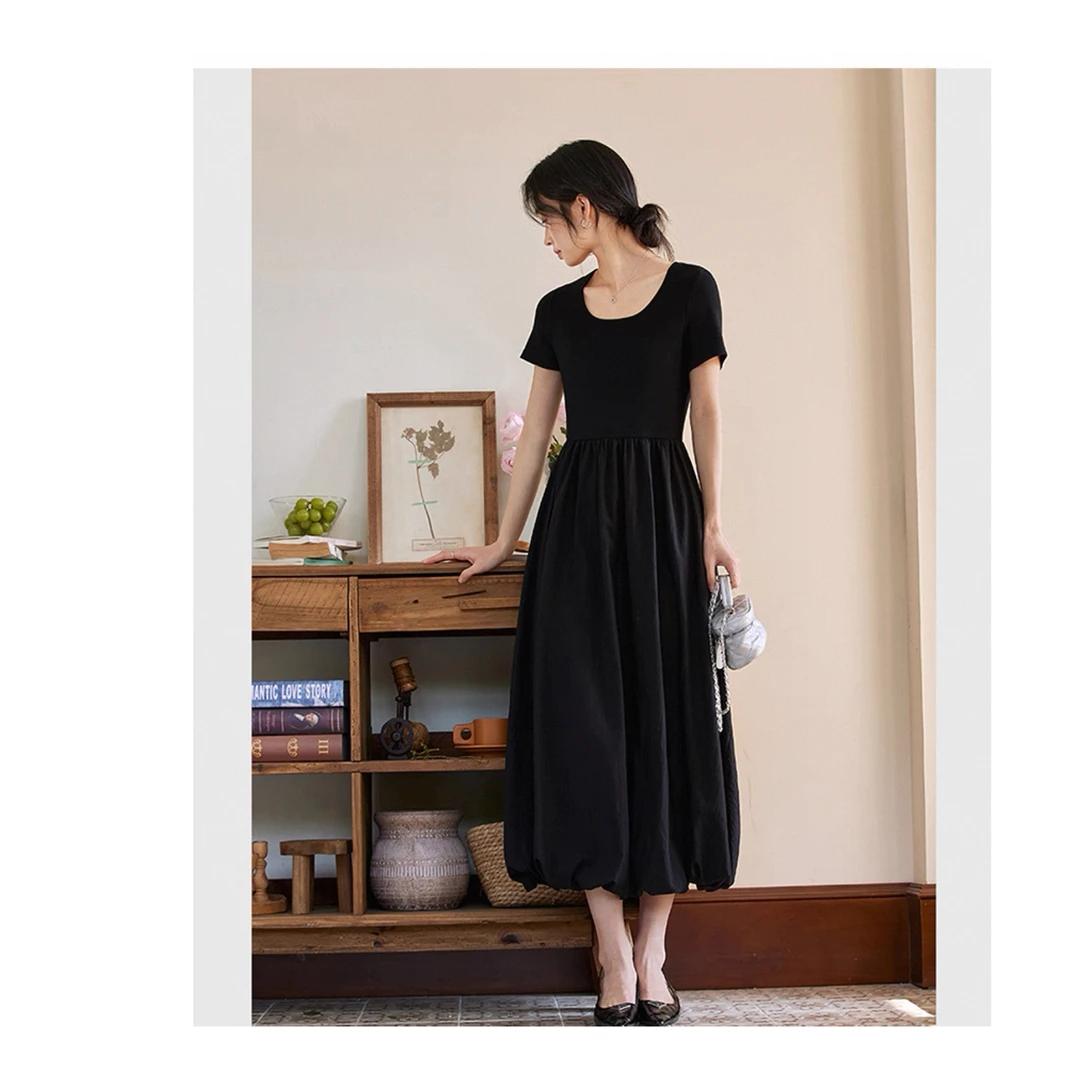 A257 黑色修身U领短袖连衣裙2025年夏季新款法式显瘦赫本风长裙