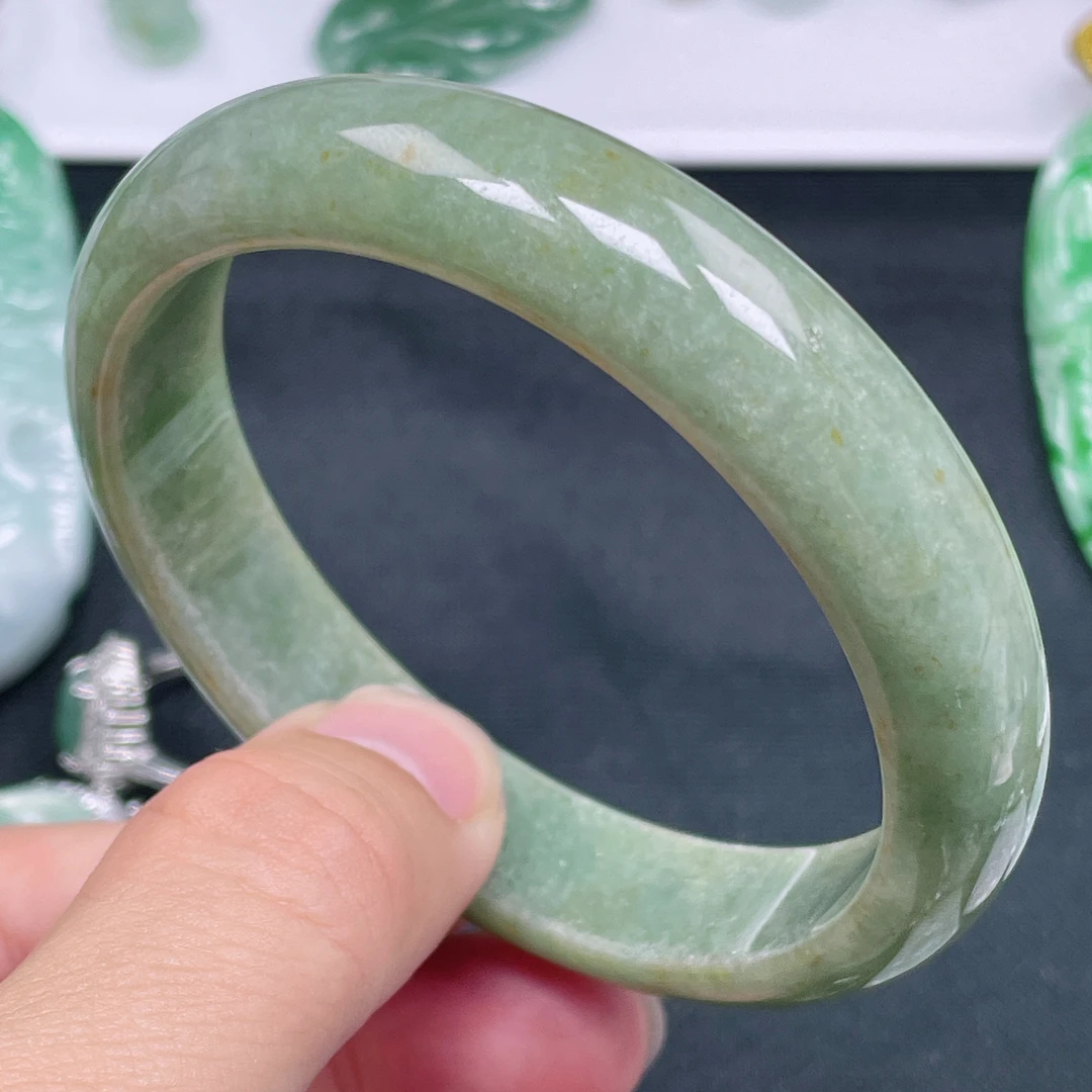 V089缅甸天然翡翠A货58圈口翡翠手镯玉手镯女款绿色翡翠色玉镯