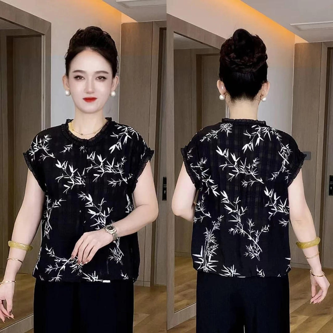 夏季新款 气质显瘦富贵竹叶印花薄款衬衫休闲洋气宽松百搭小衫