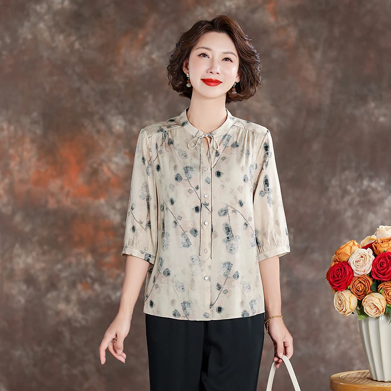 齐黛重磅真丝衬衫女2025夏季新款五分袖气质减龄妈妈装桑蚕丝上衣