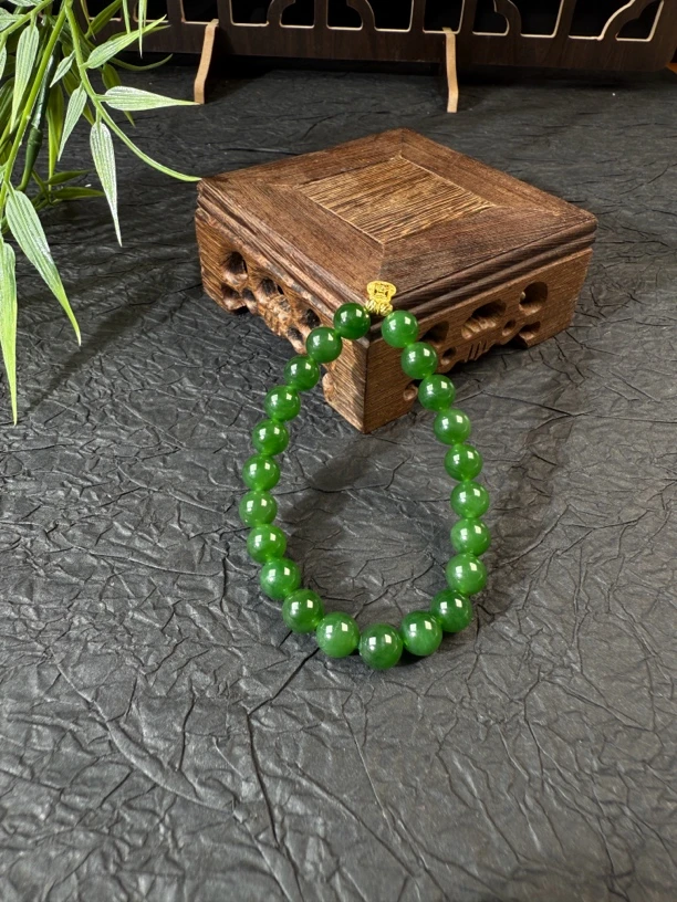 【盛仟珠宝】兰亭｜天然和田玉碧玉18k金镶嵌时尚简约8mm手串by-20