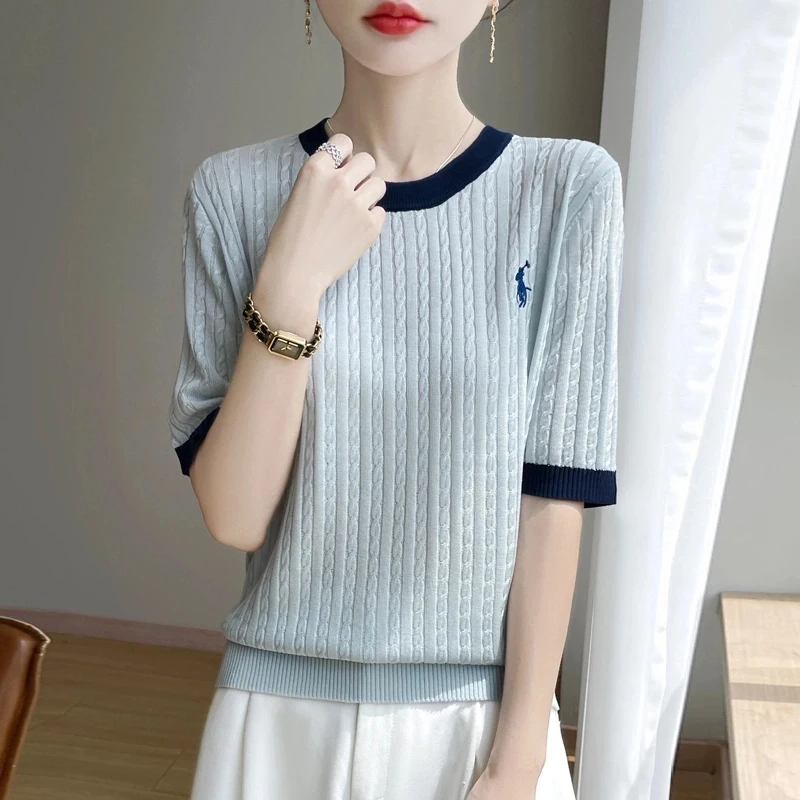 莱赛尔洋气T恤撞色圆领麻花短袖针织衫女夏季休闲百搭薄