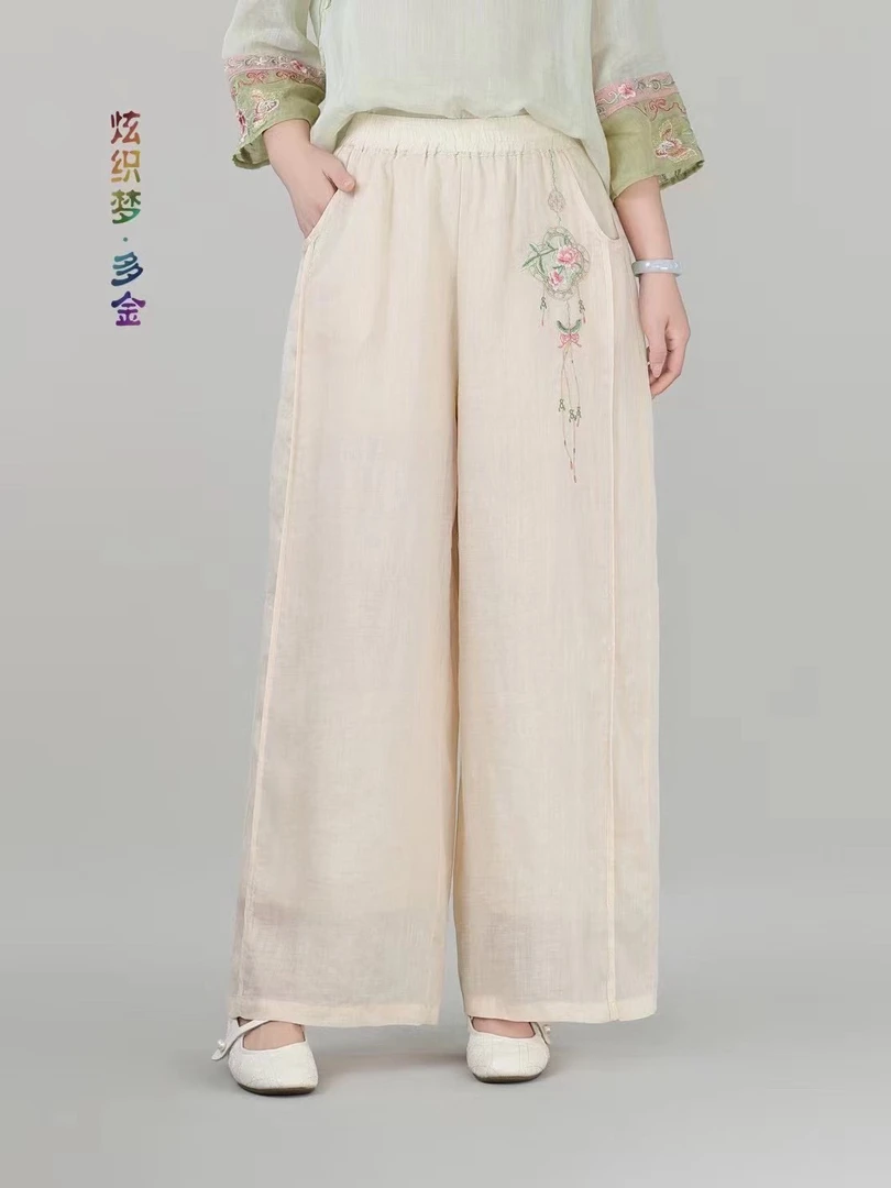 炫织梦多金2025年新夏款中式国风腰部松紧拼接风铃刺绣苎麻直筒裤