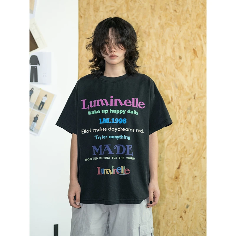 Luminelle 白墨数码直喷印花短袖洗水做旧vintage短宽情侣上衣