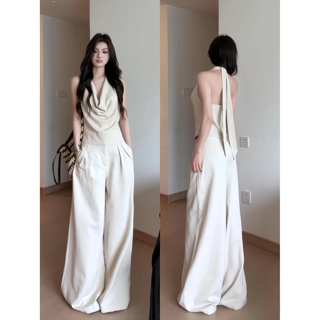 2025夏季穿搭一整套显瘦韩系绝美时尚超火挂脖上衣阔腿裤两件套装