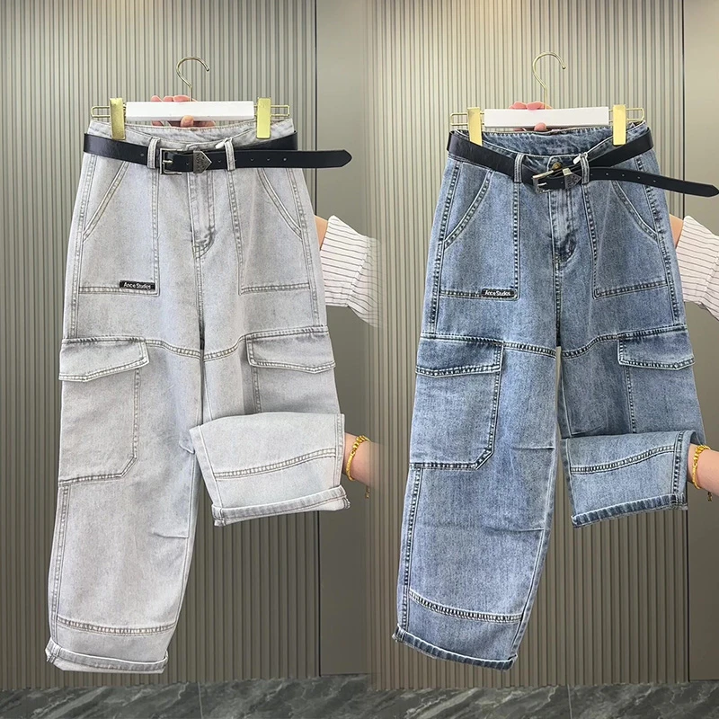 春夏新款时尚女宽松工装裤显瘦牛仔裤高腰百搭休闲裤直筒裤八分裤