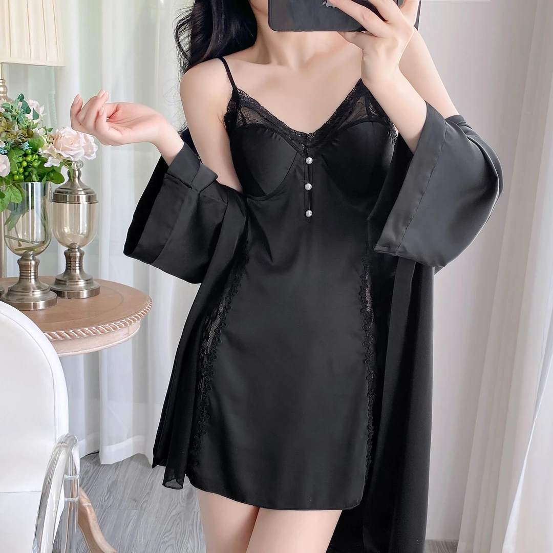 【蕾夏微光】夏季冰丝睡衣薄款高定吊带睡裙家居服性感轻奢睡裙蕾丝