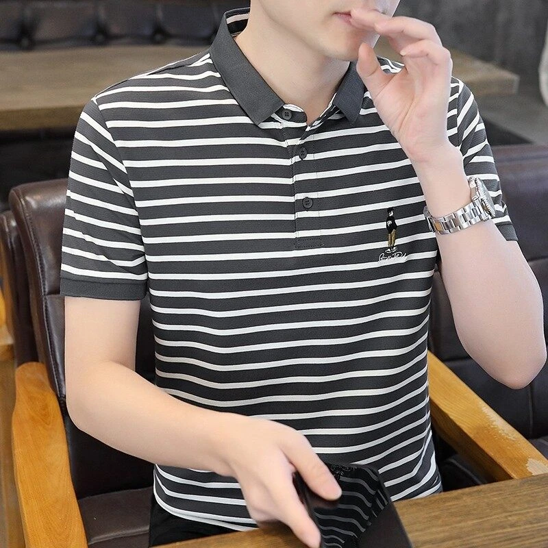 夏季新款男士薄款翻领棉质短袖Polo领T恤青年时尚休闲条纹短
