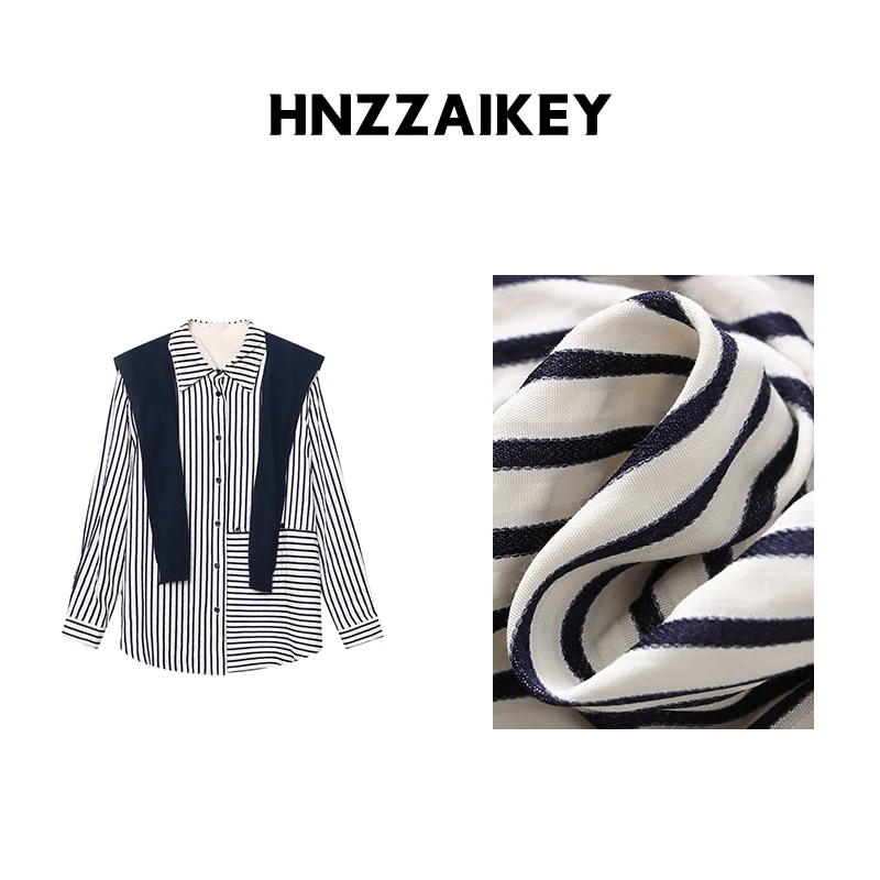 HNZZAIKEY 艺术感错视拼接设计感宽松条纹衬衫披肩两件套 SN7214