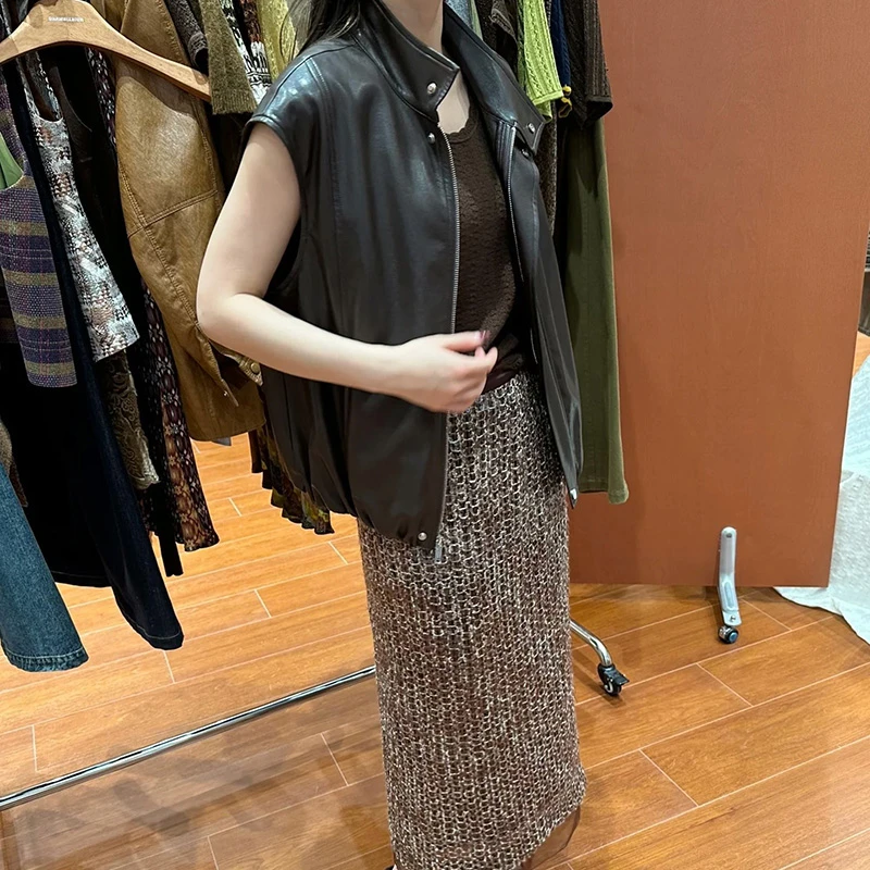 高级感复古立领皮衣马甲+半身裙两件套女时尚气质显瘦皮马夹套装