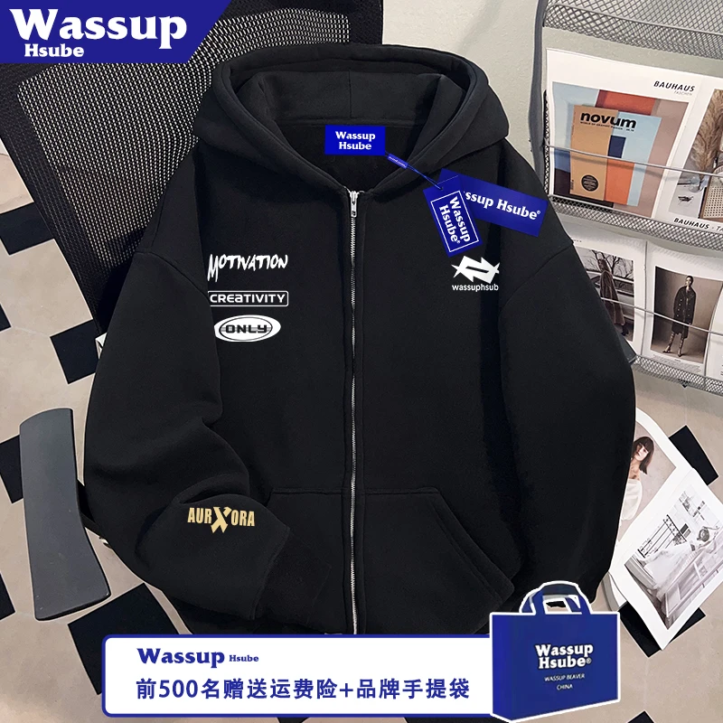 WASSUP HSUBE秋冬季男女开衫赛车风英文印花外套黑色连帽拉链卫衣