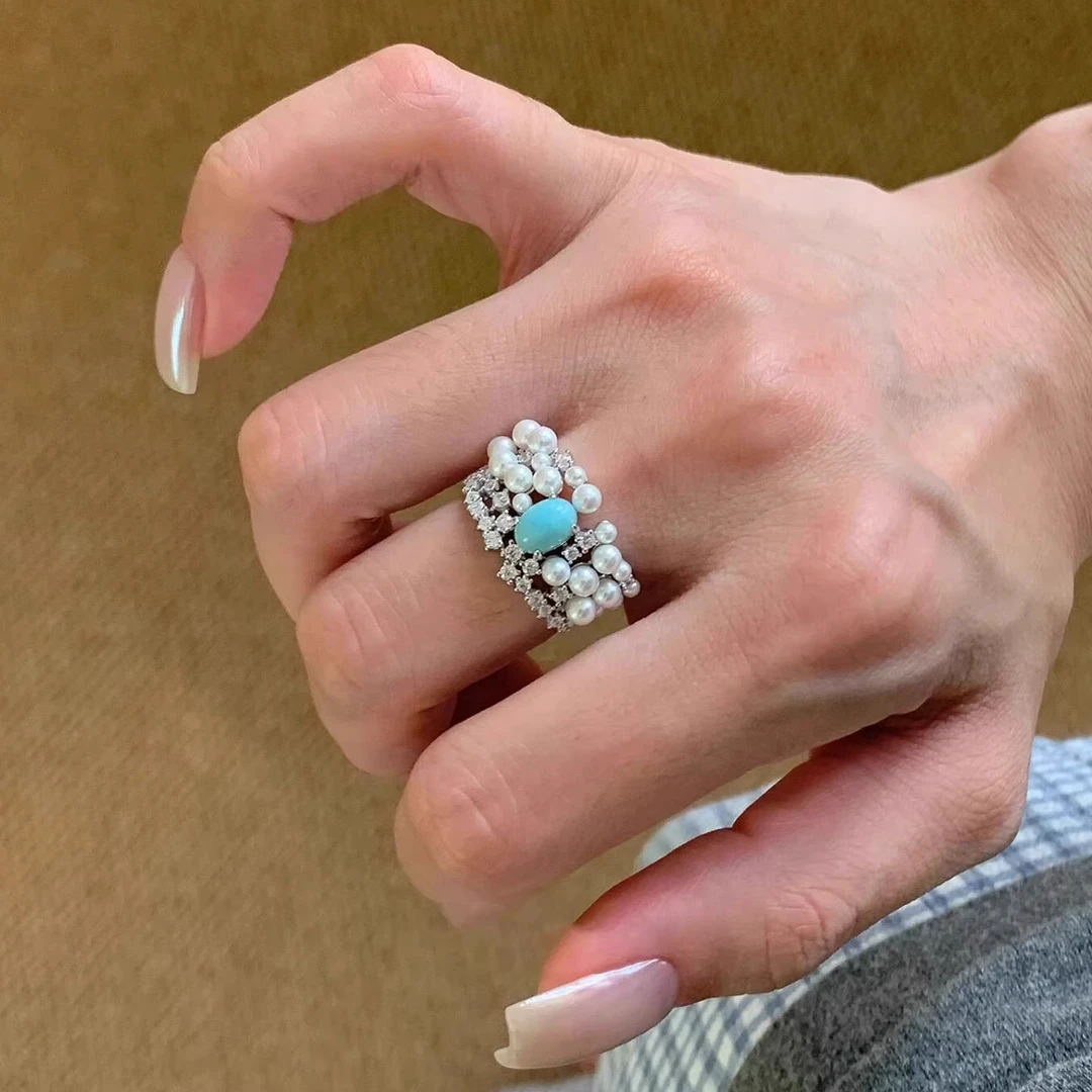 铜合金戒指 新中式爆闪仿海纹宝石宽面珍珠戒指轻奢高级感食指戒