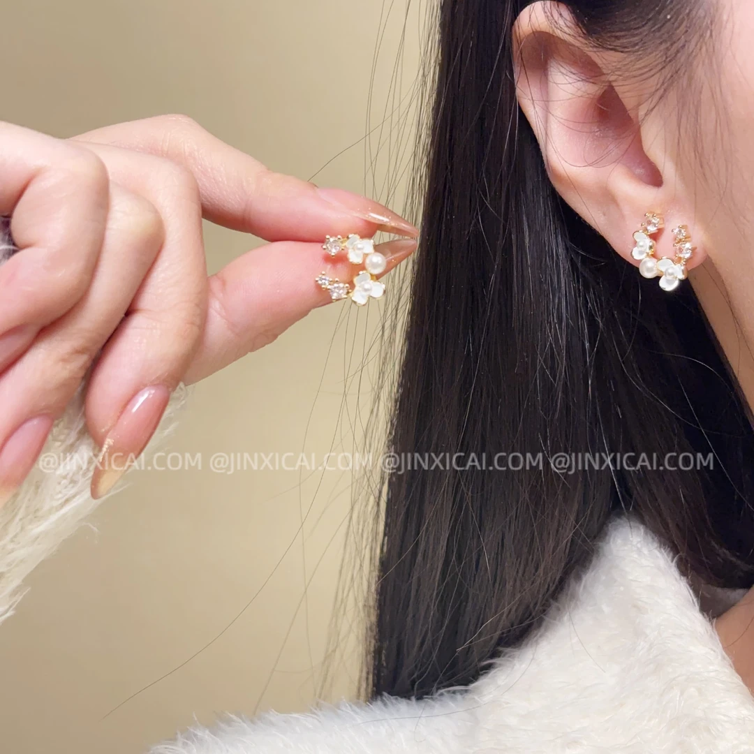 合金耳饰 【茉莉花开】JXC金喜彩复古轻奢简约白色花朵耳钉6014