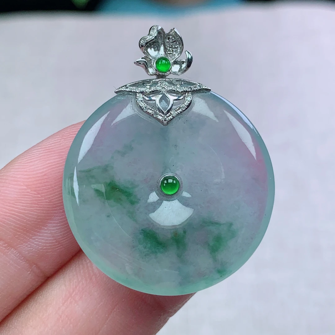 k缅甸天然翡翠A货35.1-27.8-5玉石冰种飘花平安扣吊坠礼物金镶嵌