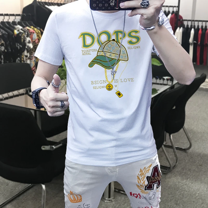 男士短袖t恤夏季新款潮流烫钻纯棉半袖欧版帅气上衣服半截袖体恤