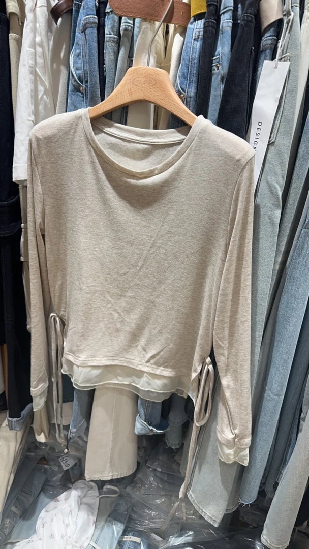 耐磨圆领休闲时尚长袖白色通勤假两件针织T恤拼接