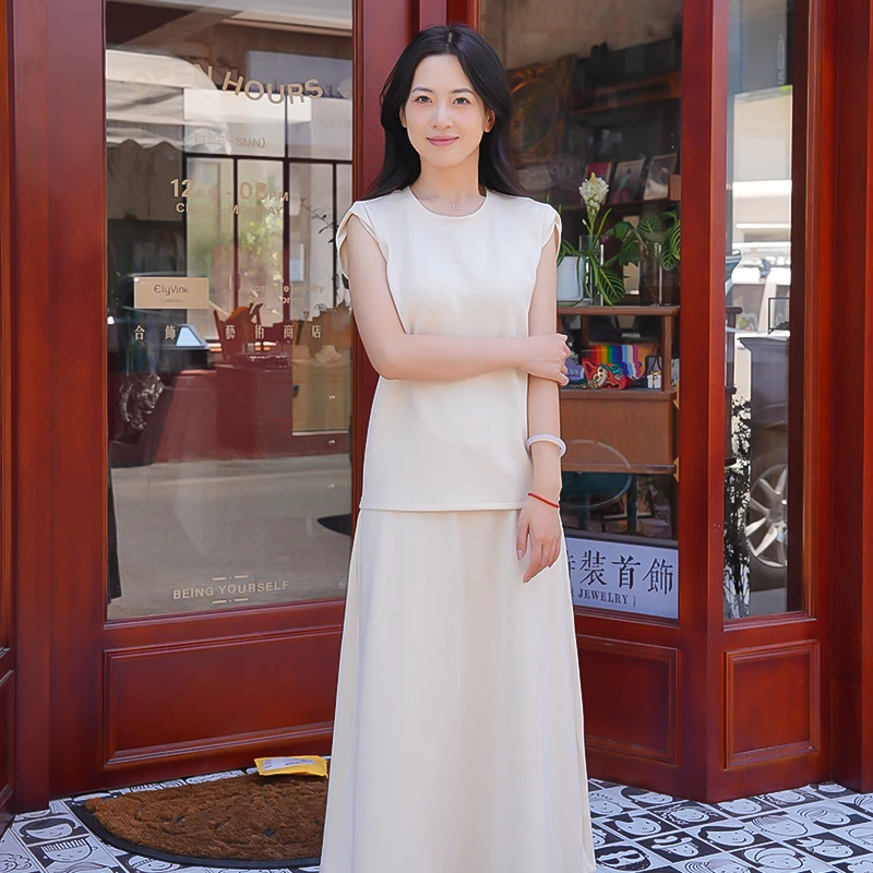 休闲风无袖上衣甜美时尚套装裙子中国风夏季显瘦气质中长款