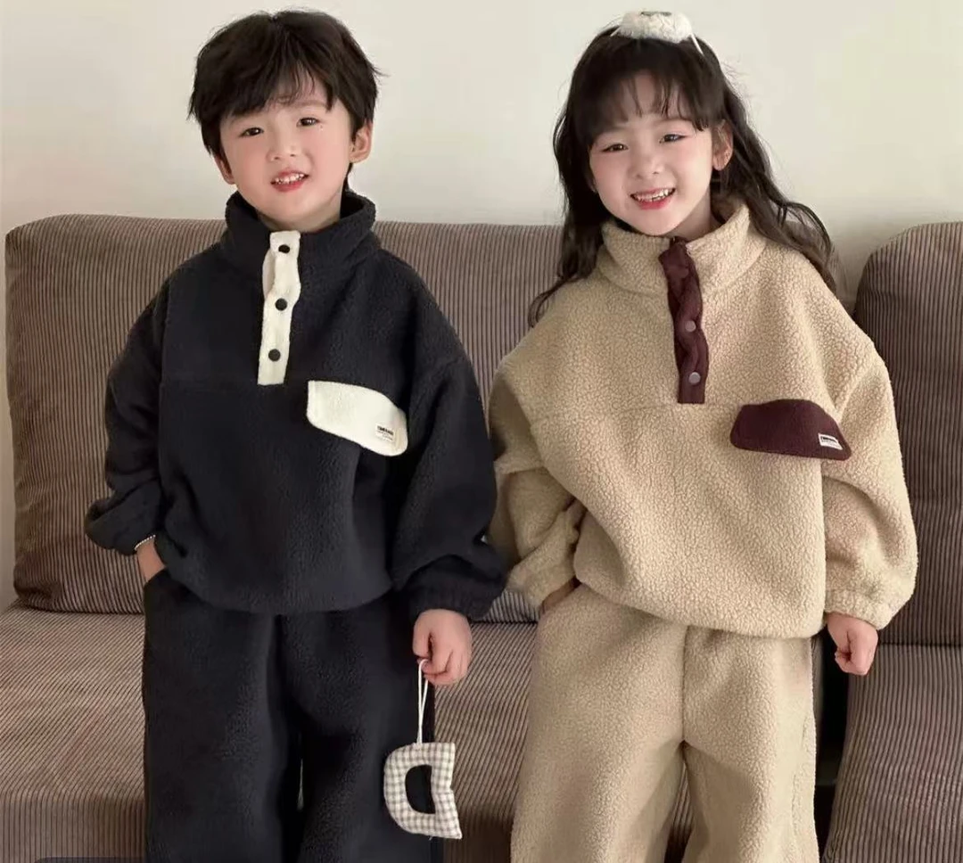 【现货】tz-9126  双色 秋冬季儿童新款摇粒绒加厚套装保暖休闲