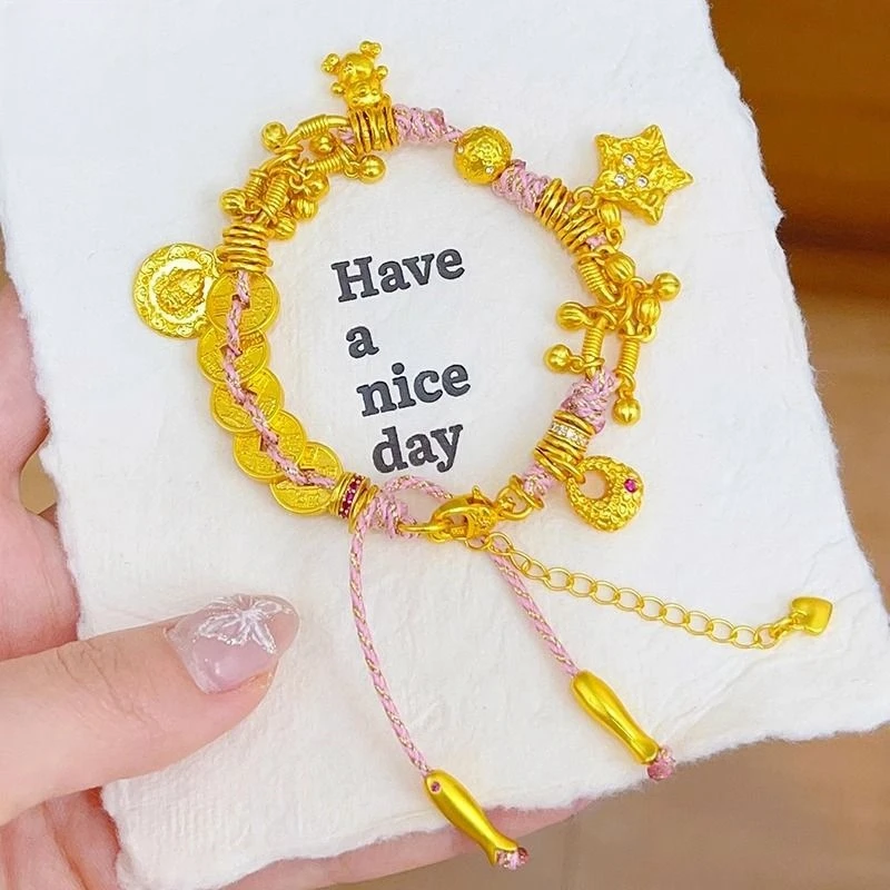 铁合金手链 新款黄财神五帝钱星星粉色盘缠手链小胖福编织手串