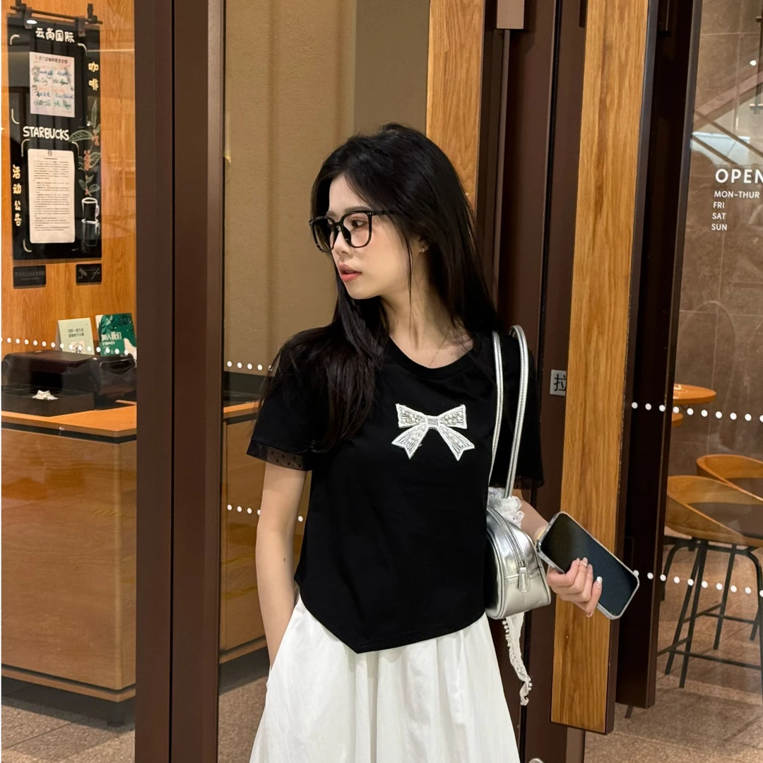 刺绣蝴蝶结正肩短袖T恤女新款设计感不规则日系ins风短款上衣