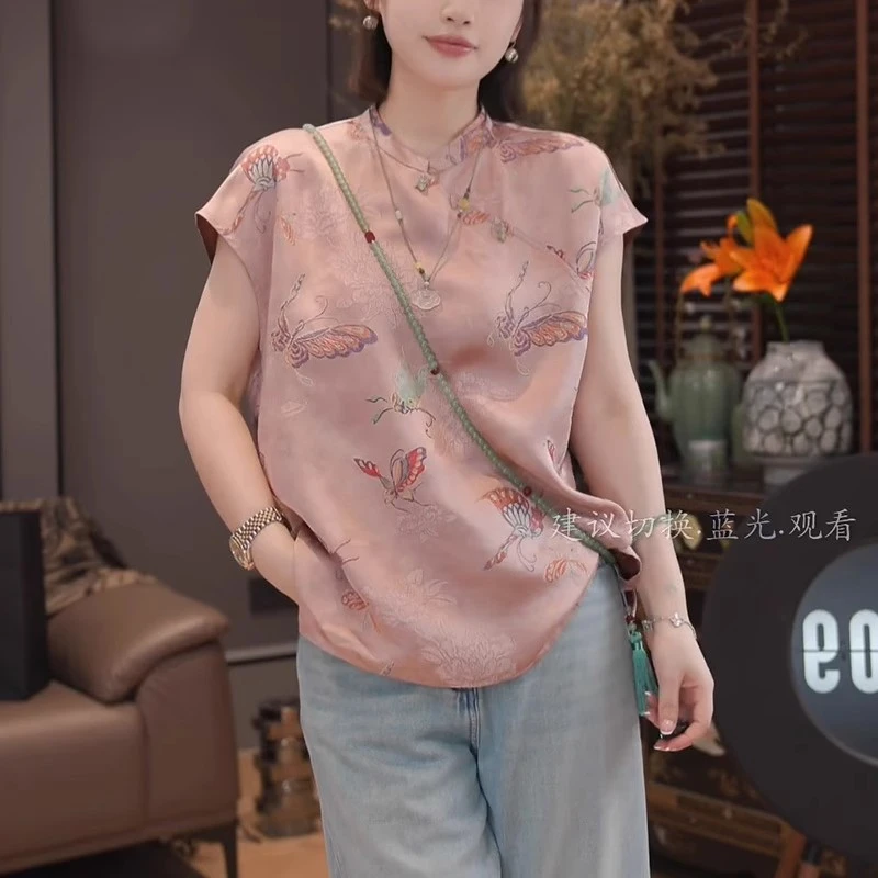 新中式国风粉色印花盘扣短袖衬衫女2025夏季新款气质显瘦薄款上衣