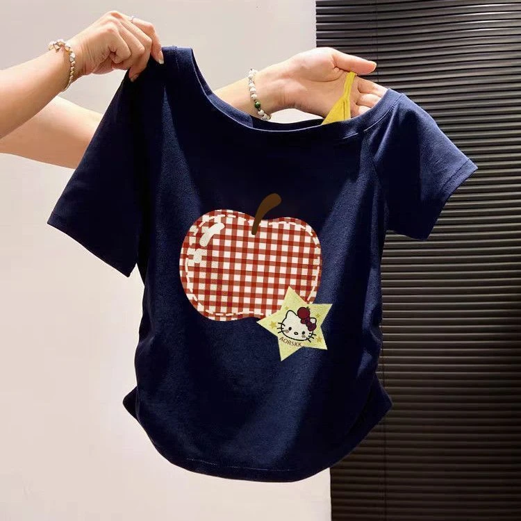 【ZHAP】斜肩吊带短袖t恤女露肩藏青色韩版百搭简约厚实高街显瘦短