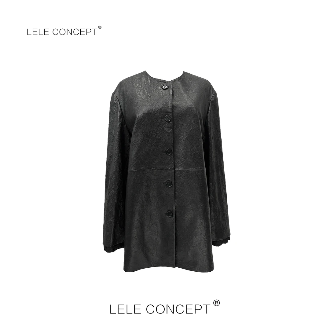 LELE CONCEPT丨「夭夭」气质设计师款秃领一排扣皮衣P0073