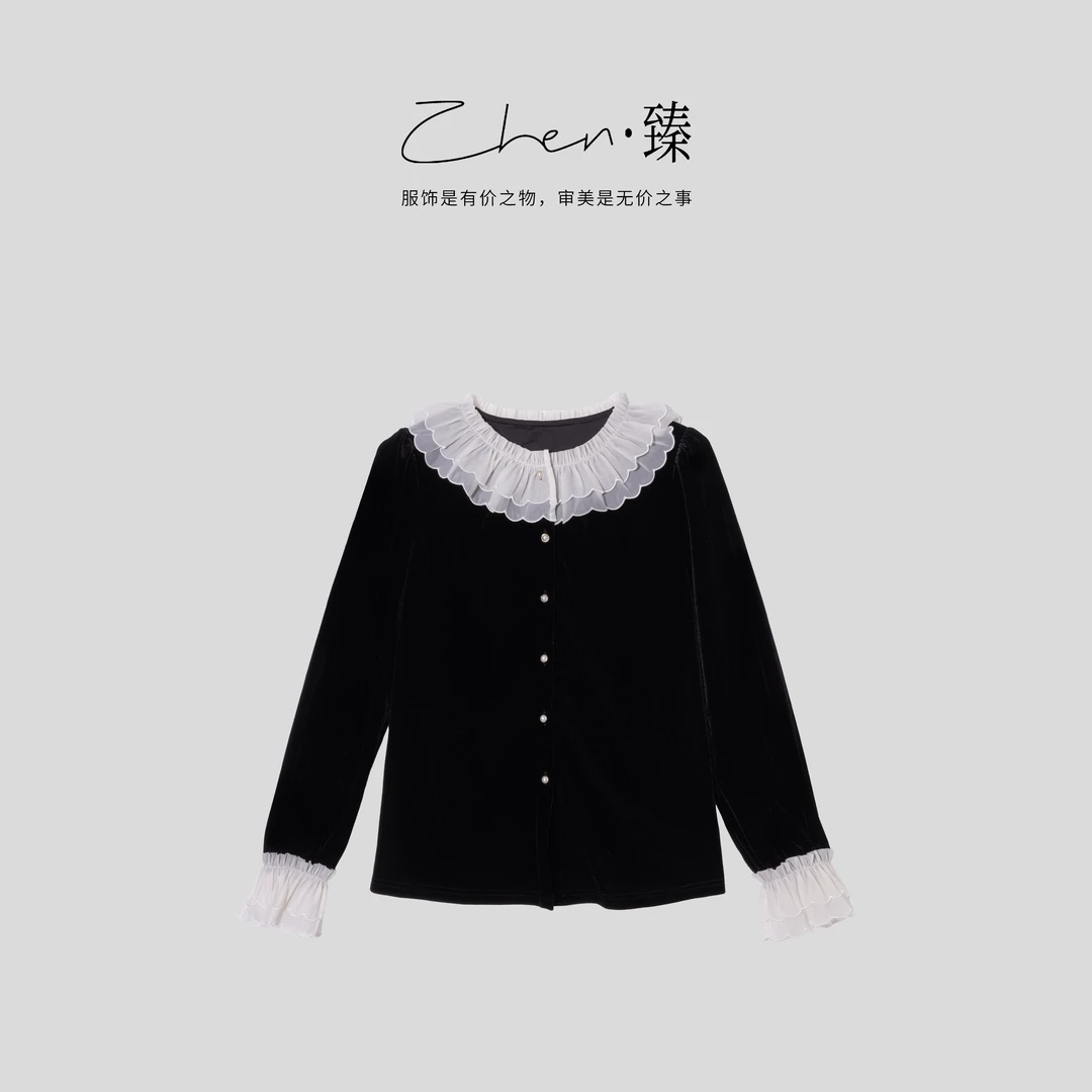 ZHEN.臻 南法庄园撞色娃娃领花瓣纱褶衬衣真丝丝绒衬衫SY8935Z