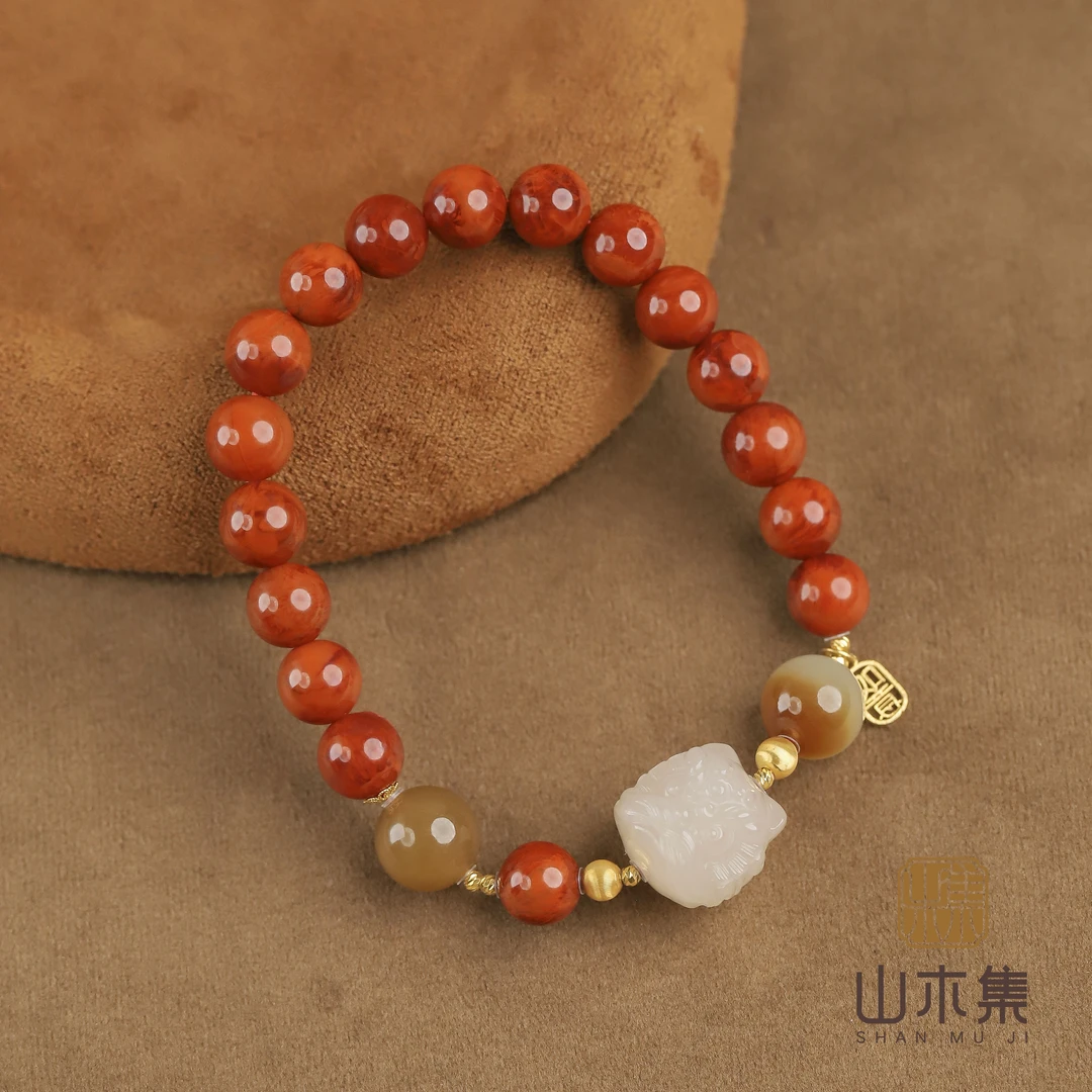 【新岁年】（18K金）火焰纹南红0.8糖玉醒狮单圈手串￥￥（多样性）