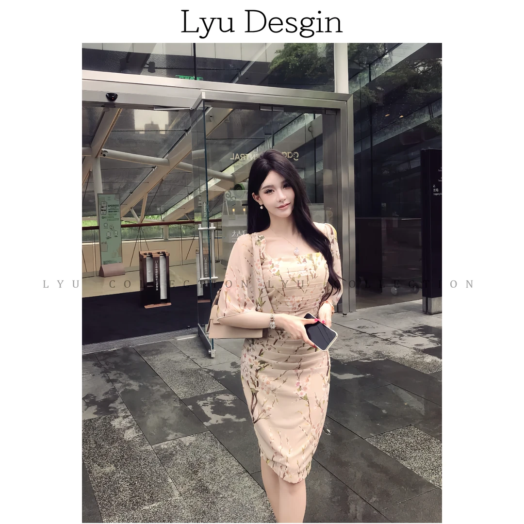 LYU【摇曳花】气质桃花设计感碎花显瘦连衣裙036