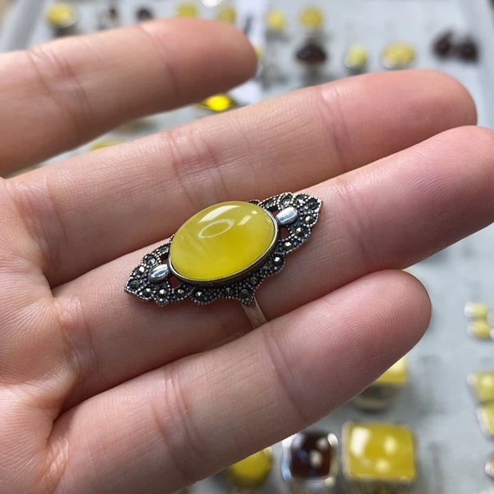 我***糕琥珀银S925镶嵌戒指