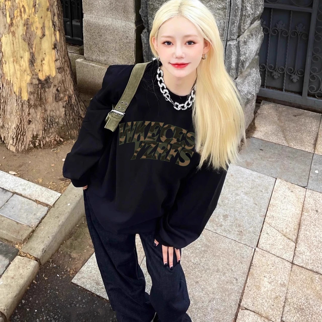 胖mm300斤美式复古潮牌无帽卫衣女2025新款秋冬重磅黑色圆领上衣