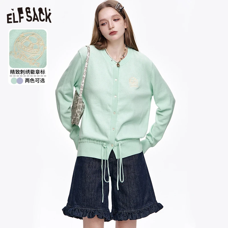 妖精的口袋刺绣徽章腰部抽绳设计针织衫2025早春新款显瘦百搭上衣