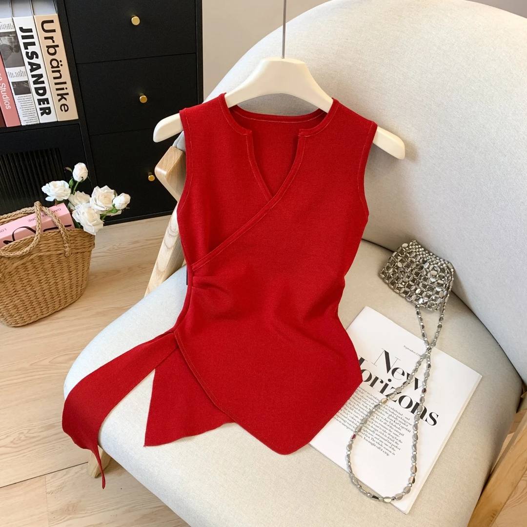 交叉V领背心吊带修身显瘦不规则2025夏季新款无袖针织洋气百搭女