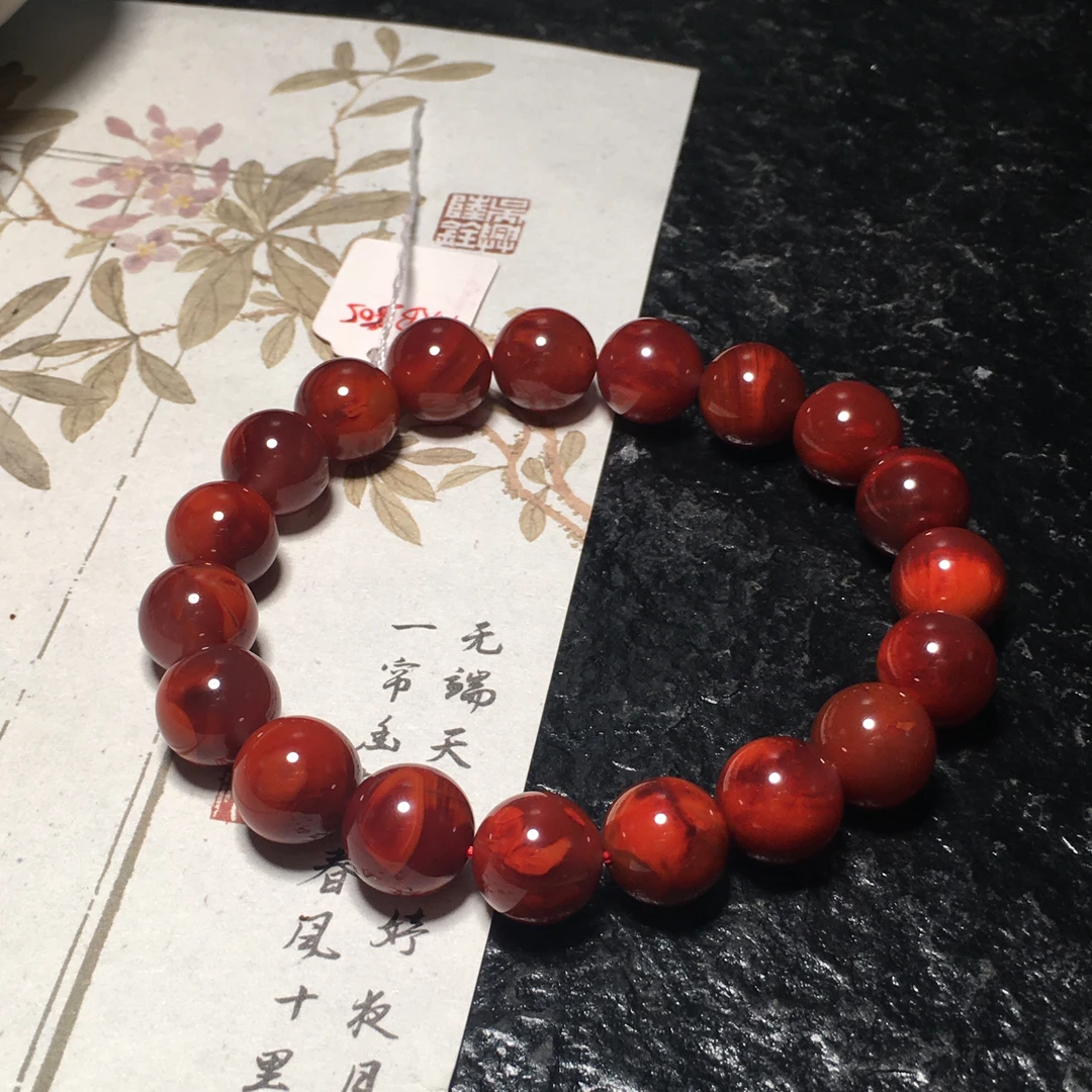 【朱锦南红】瓦西南红玛瑙手串牛血红飘柿子红火焰纹11mm重36.6g