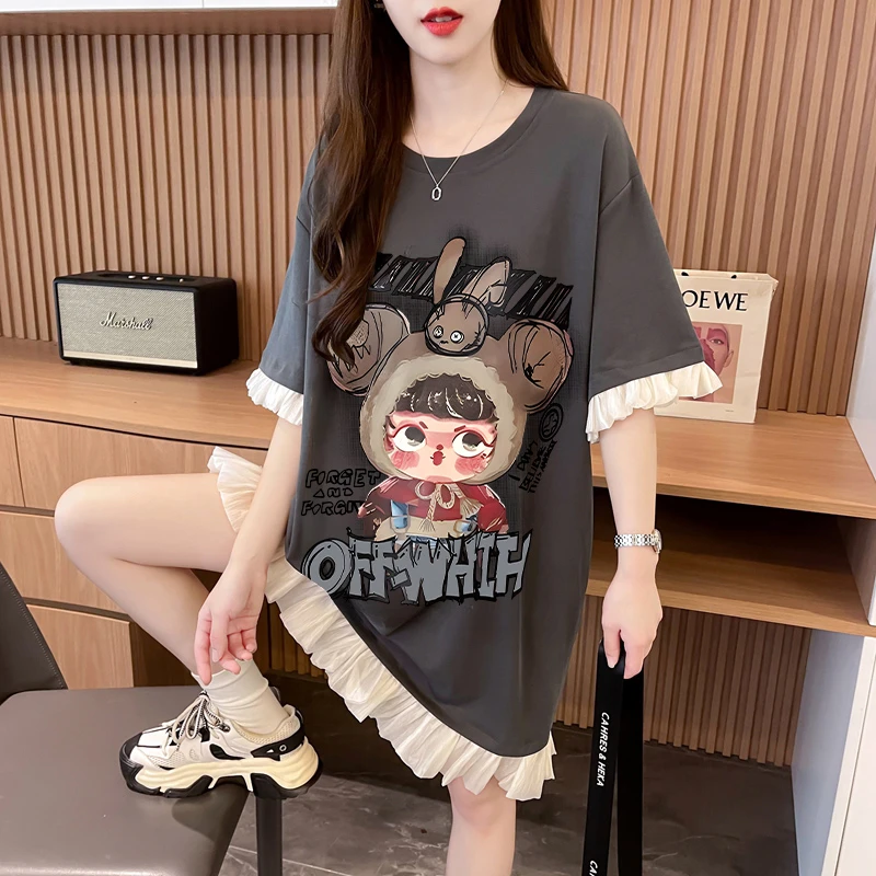 卡通显瘦裙子女2025夏季新款时尚蕾丝拼接中长款外穿纯棉T恤裙潮