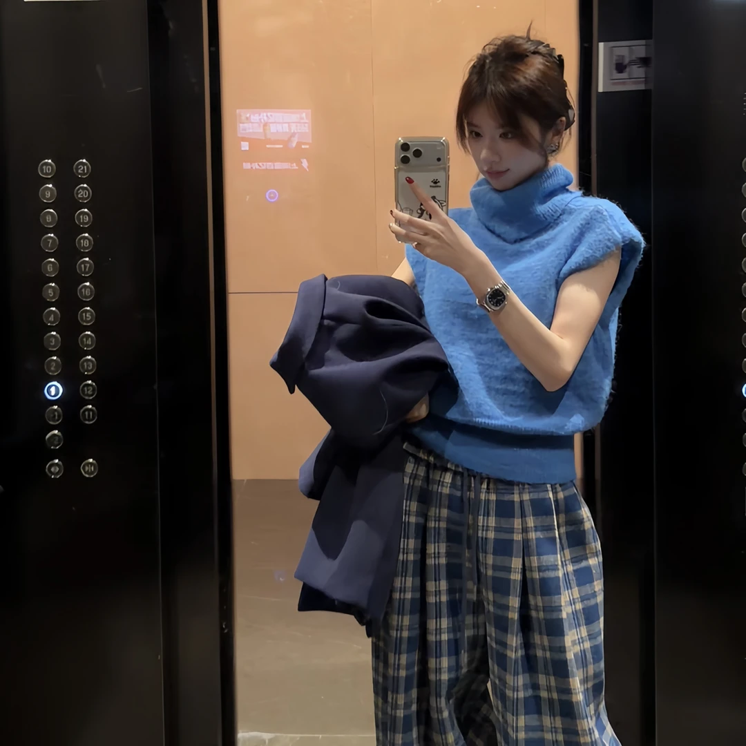 【47bb】中古蓝色堆堆领上衣含羊毛47n002