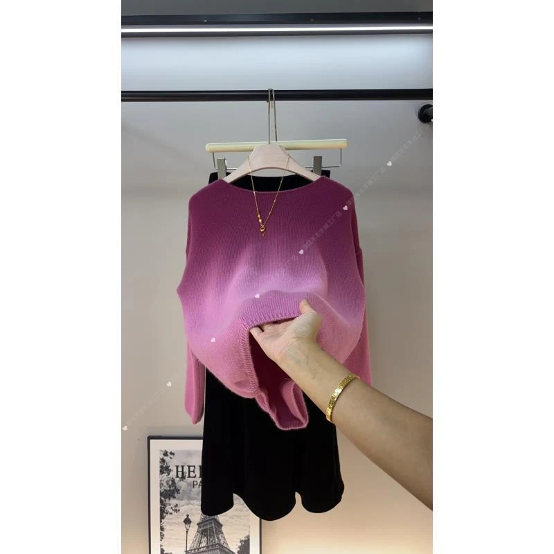 渐变色小一字领网红气质时尚显瘦长袖针织女士全羊毛衫-工厂店