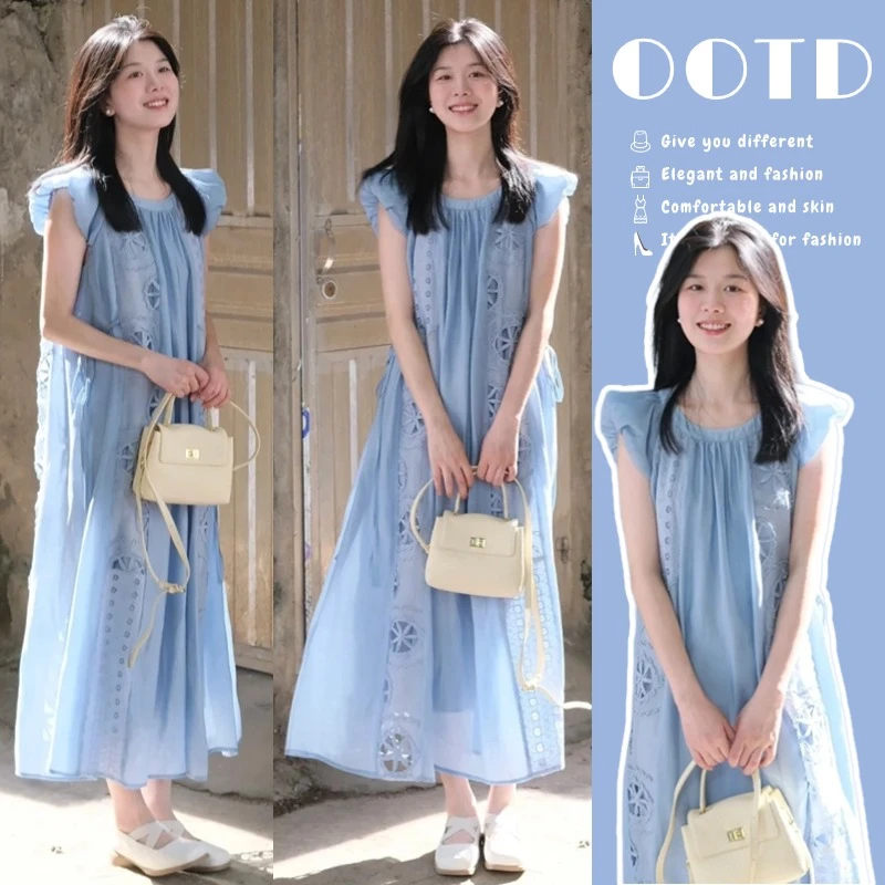 橙子家-小个子减龄时尚法式复古夏日温柔新品刺绣小飞袖法式收腰