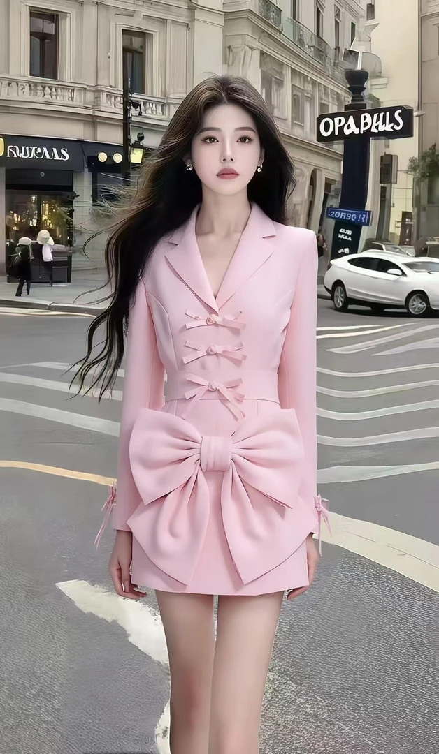 轻奢高端气质温柔风粉色蝴蝶结设计V领长袖修身收腰显瘦连衣裙女