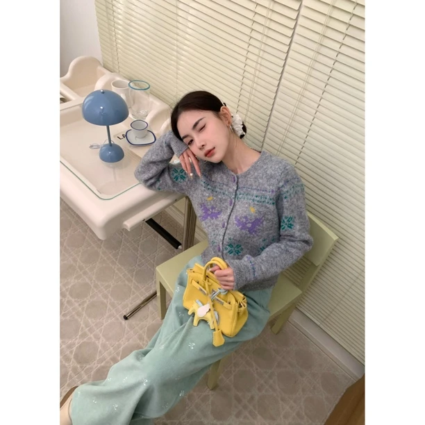 【赵小小yimao】16158 小众设计感复古鸽子提花针织开衫减龄毛衣